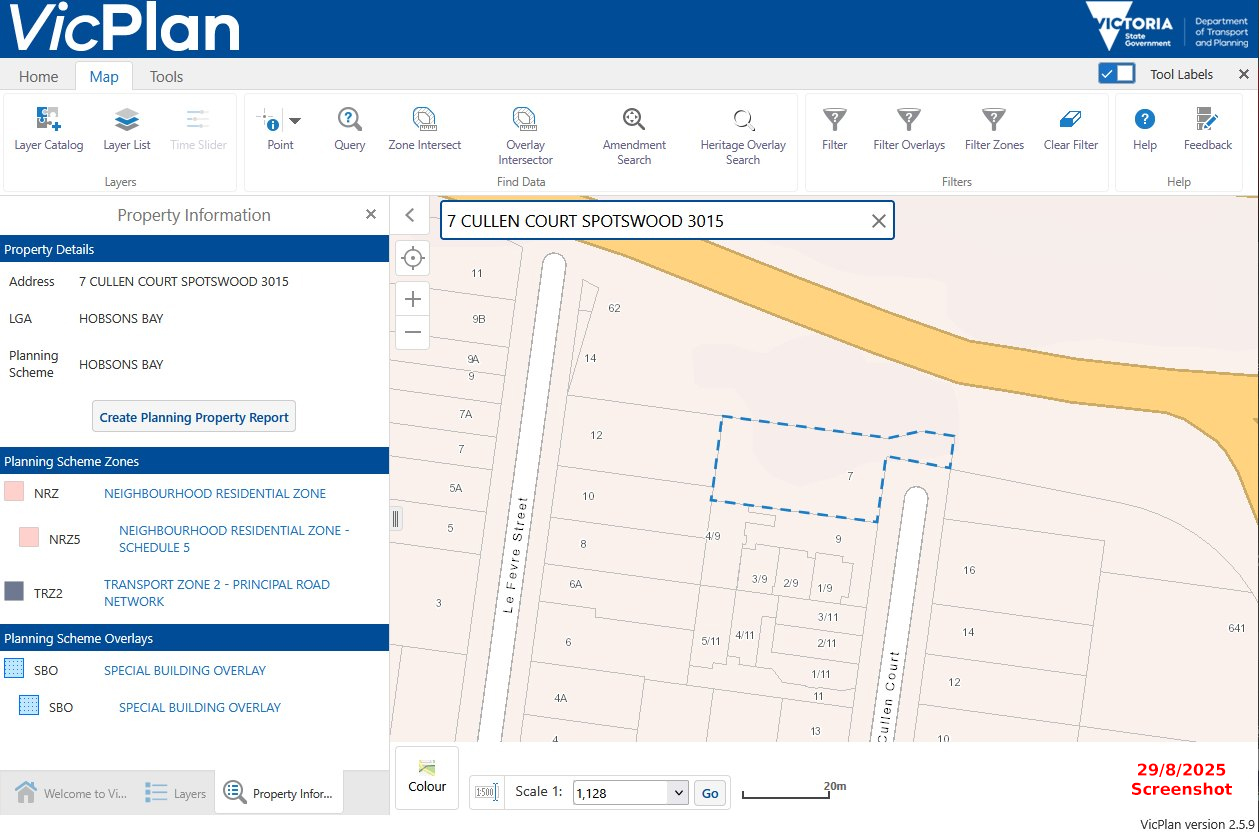 VicPlan 7 Cullen Court — current view showing NRZ listed ahead of TRZ2 and no default TRZ2 overlay