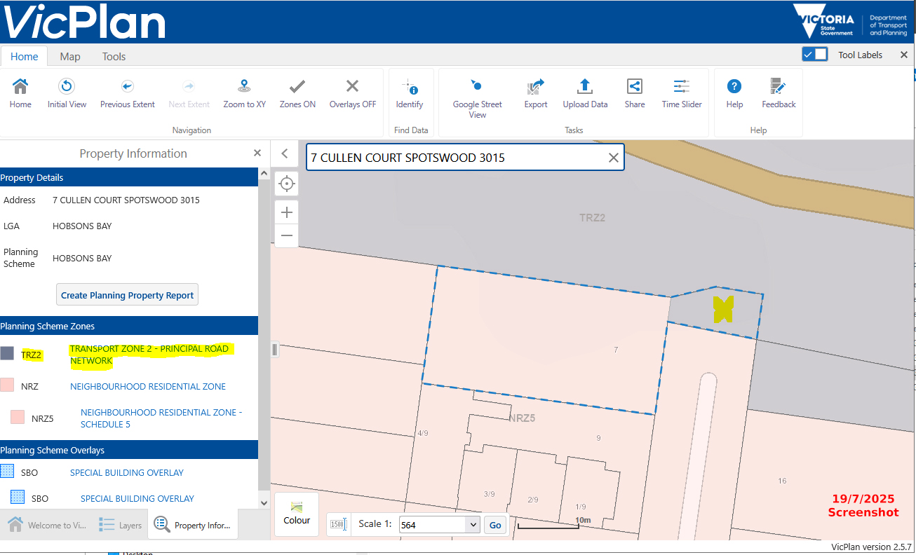 VicPlan 7 Cullen Court — 19 July 2025 view showing TRZ2 listed first and grey overlay visible