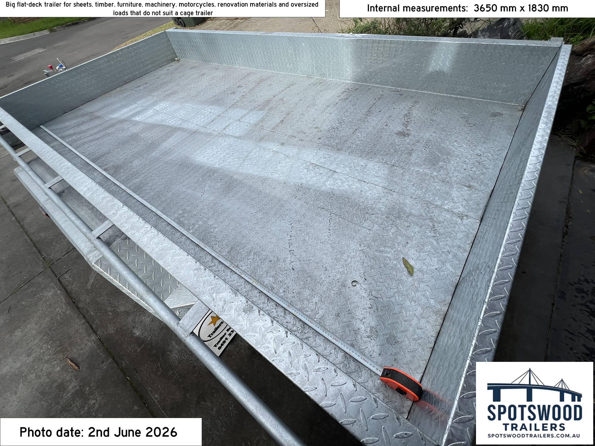 12x6 galvanised flat-top trailer internal measurements 3650 mm x 1830 mm - Spotswood Trailers - The Deckhand