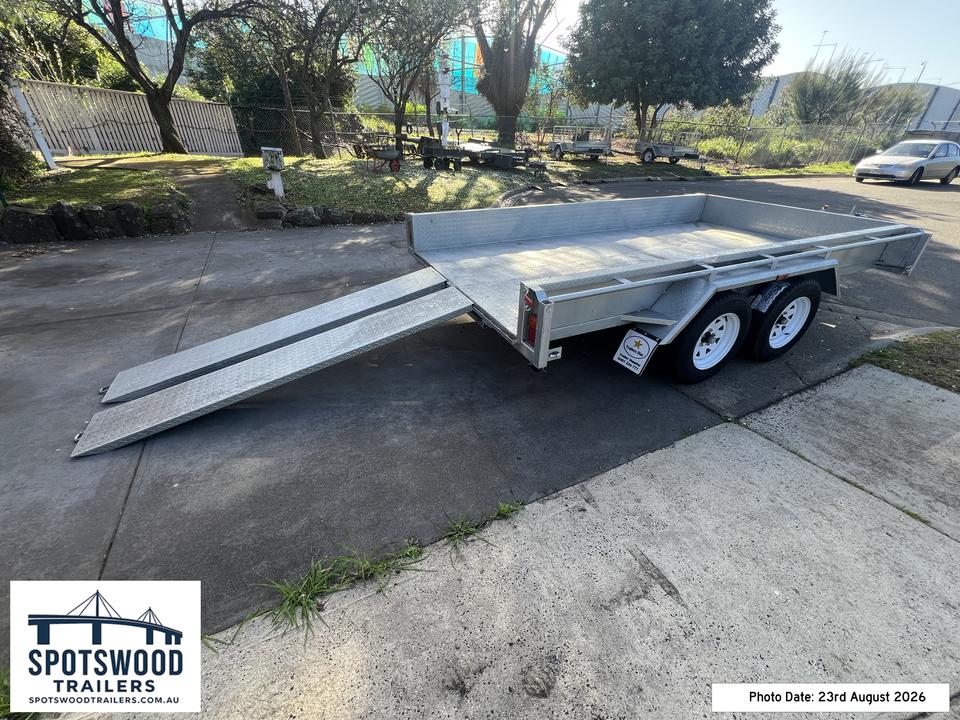 Rear left view of The Deckhand 12x6 dual axle trailer with twin loading ramps deployed in Spotswood Melbourne