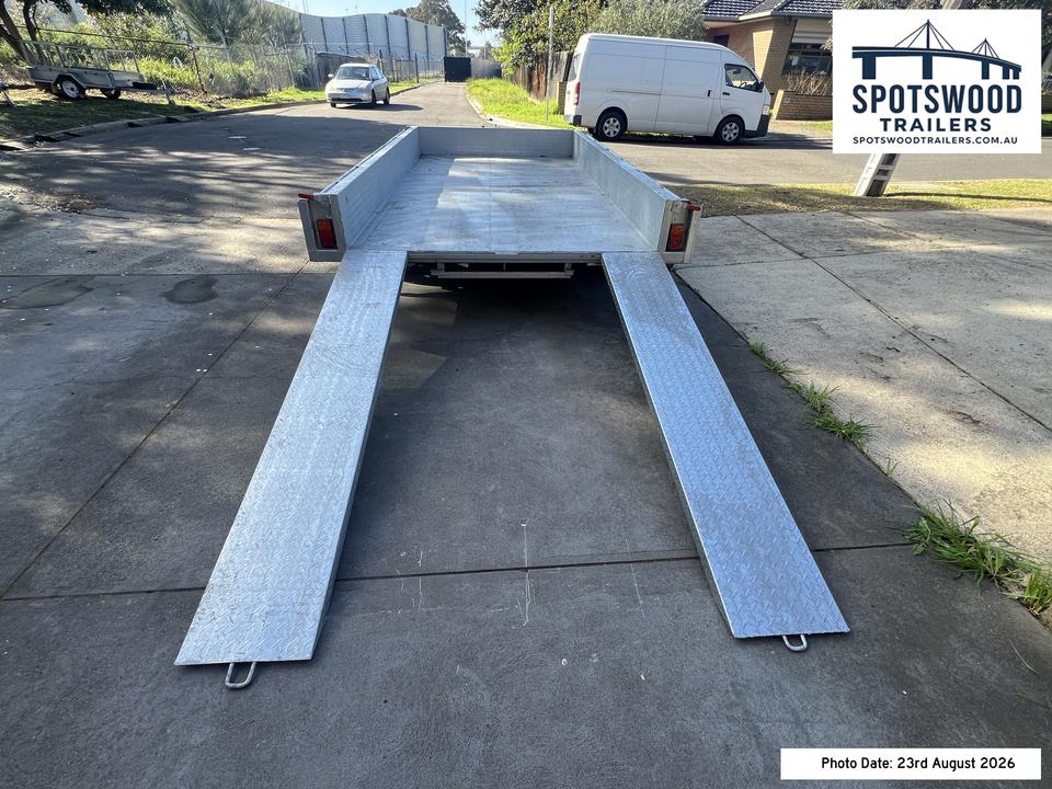 Rear view of The Deckhand 12x6 trailer showing twin checkerplate loading ramps